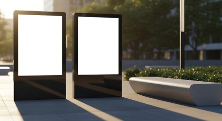 Blank advertising display boards with a bench for displaying content in a modern outdoor setting