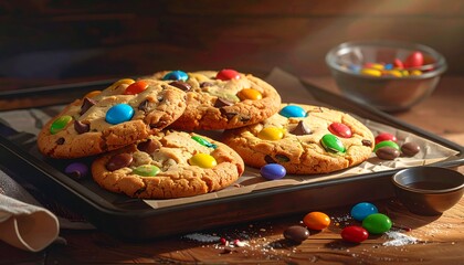 Pile of freshly baked cookies with colorful candy pieces