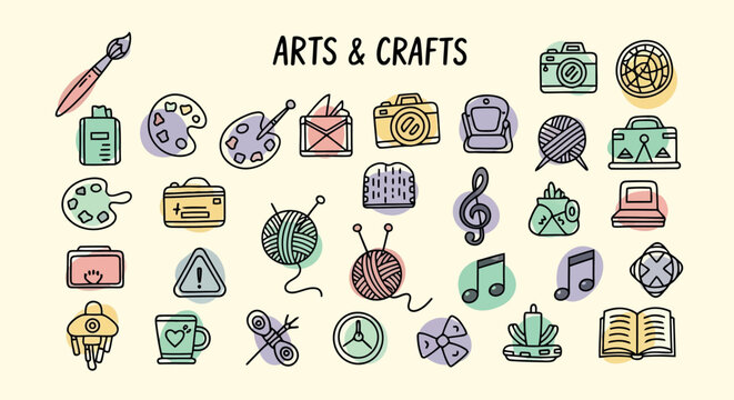 Set of arts and crafts icons hand-drawn vector illustration for creative hobbies isolated on beige background transparent backgrou