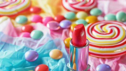 Red lipstick surrounded by colorful candies and swirl lollipops - Powered by Adobe