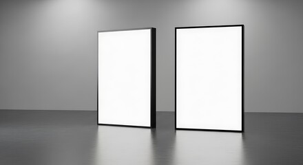 Two vertical empty lightboxes with black frames standing on a reflective floor in a minimalist gallery for advertising mockups