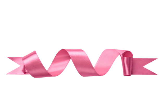 A pink satin ribbon curves gracefully against a stark black background, showcasing its glossy texture