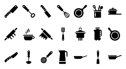 Obraz premium Set of kitchen utensil icons simple black glyph vector design perfect for culinary websites and cooking app interfaces transparent