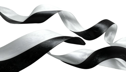 Black and white ribbons flowing, curved gracefully against black background, abstract design