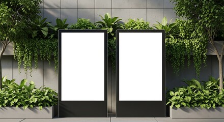 Sleek dual blank vertical outdoor advertising screens stand prominently amidst a contemporary green wall and concrete backdrop, perfect for urban display mockups