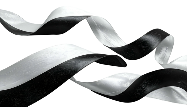 Black and white ribbons flowing, curved gracefully against black background, abstract design