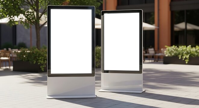 Outdoor advertising mockup of two vertical digital billboards with blank white screens on a modern city street next to a cafe