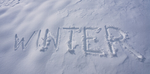 Winter design. Winter text with snow texture. Winter banner design. Snow text on icy surface. Frozen background with snow word. Snowy surface with clean winter banner.