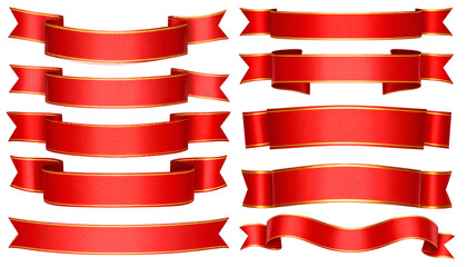 A collection of red ribbons with gold trim, arranged in various horizontal and angled styles
