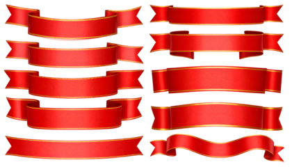 A collection of red ribbons with gold trim, arranged in various horizontal and angled styles
