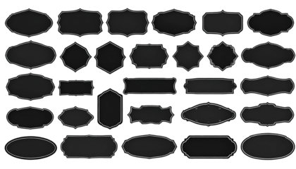 36 black label shapes with gray borders, diverse forms for design elements, on a dark background