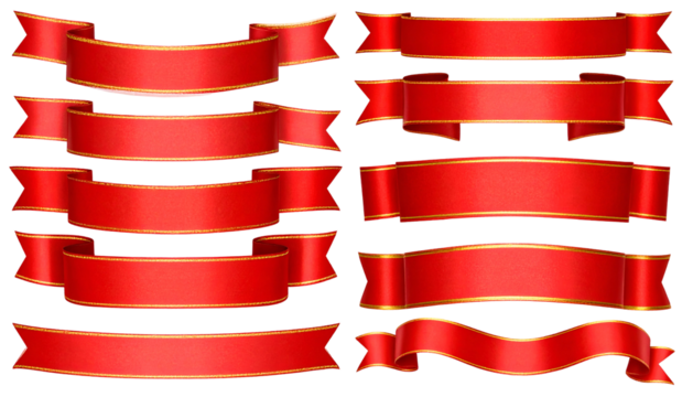A collection of red ribbons with gold trim, arranged in various horizontal and angled styles