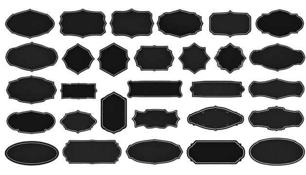 36 black label shapes with gray borders, diverse forms for design elements, on a dark background