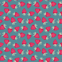 Seamless pattern with strawberry on color background. Natural delicious fresh ripe tasty fruit. Vector illustration for print, fabric, textile, banner, other design. Food concept.