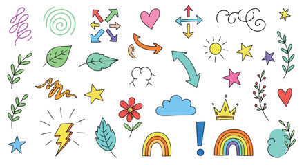 Doodle design elements hand drawn vector illustration of arrows hearts stars and other decorative shapes transparent background