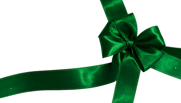 Elegant green satin ribbon bow with trailing ends against a black background