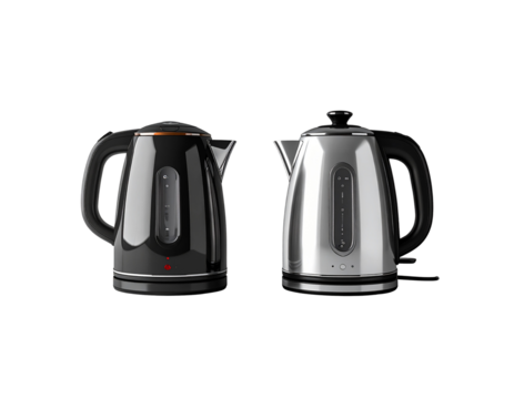 Comparison of two electric kettles, one black and one silver, showing different colors and materials for kitchenware.