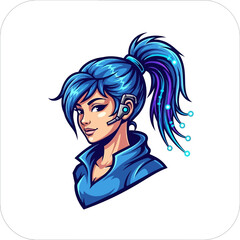 Illustration of a futuristic girl with blue hair and headset on a white background
