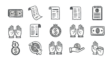 Hand drawn set of finance and money icons vector doodle illustration for business and banking transparent background