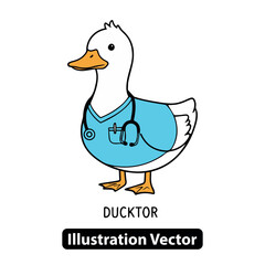 Whimsical vector illustration of a friendly duck mascot dressed in medical scrubs with a stethoscope, ideal for playful healthcare designs