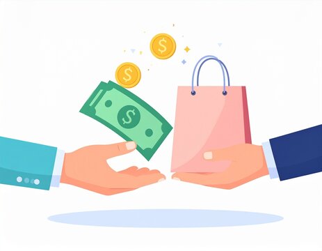 Flat Design Vector of Money Payment and Shopping Bags &ndash; Cash Transaction Concept for Business and E-Commerce