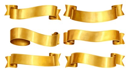 Assorted golden ribbons displayed on a black background, various shapes and sizes, ornate scrolls