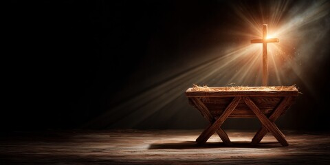 Cross stands over a rustic cradle in a warm light during a peaceful moment of reflection