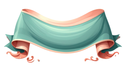 Cartoonish teal and rose-colored ribbon banner with ornate scrolled edges