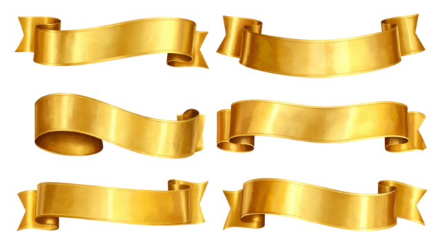 Assorted golden ribbons displayed on a black background, various shapes and sizes, ornate scrolls