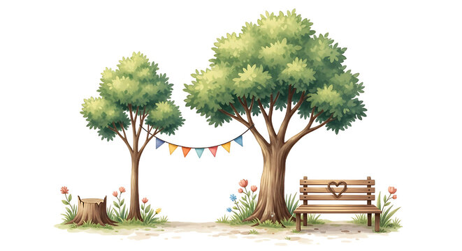 park tree branch heart bunting whimsical inviting 
atmosphere relaxation enjoyment scan nature 
