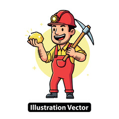 Cartoon miner character in hard hat holding gold nugget, cheerful illustration