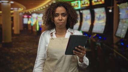 Woman holding tablet and wearing apron in casino slot area checking device under bright lights and rows of machines; quiet concentration. - Powered by Adobe