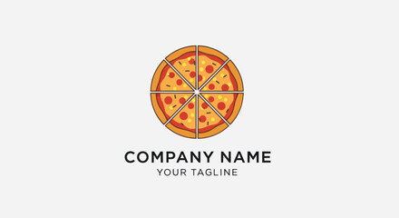 Pizza logo design with company name and tagline for branding and marketing.