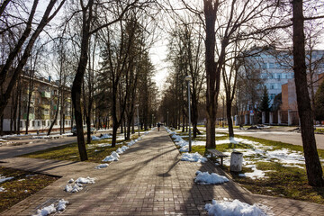 A long park alley in early spring, lined with bare trees casting shadows. Melting snow patches dot the ground, with a lone person walking in the distance along the pathway