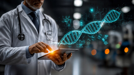 Doctor studying dna helix with genetic information technology