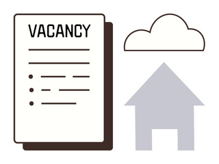 Vacancy job application form with bullet points beside minimal icons of house and cloud. Ideal for hiring, job search, recruitment, real estate services, property management, housing, simple flat