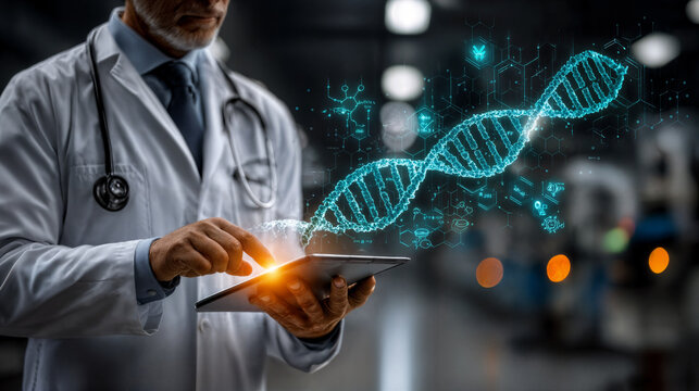 Doctor studying dna helix with genetic information technology - Powered by Adobe