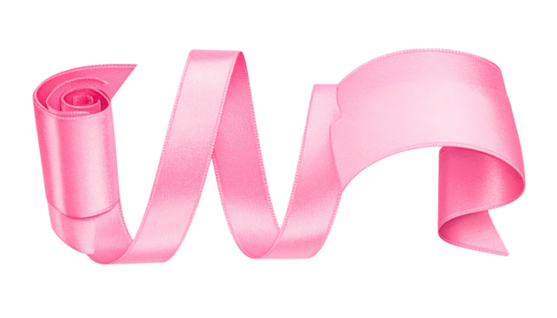 A flowing, curled, and elegant pink ribbon with a subtle satin texture against a black backdrop