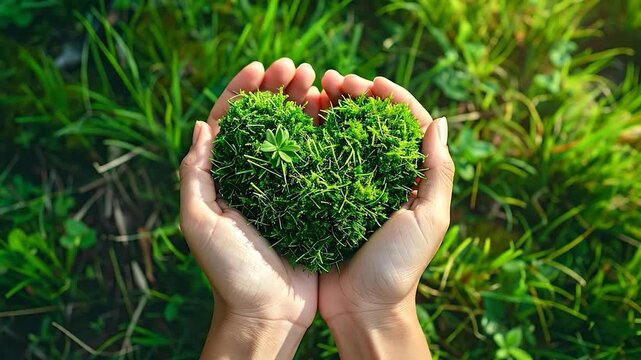 Two hands cradle a heart-shaped clump of green moss, a symbol of nature and love