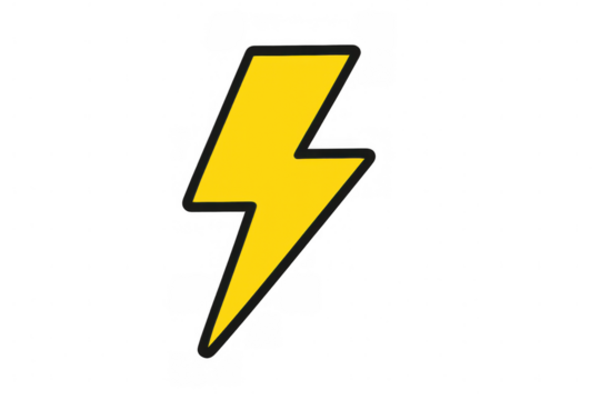 Yellow lightning bolt graphic symbol representing electricity, power, energy, and warning on transparent background