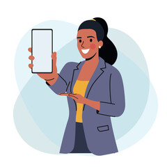 Young business woman shows her smartphone screen. Vector flat style cartoon  illustration.