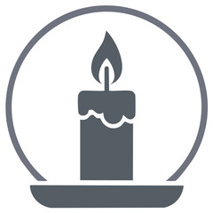 A simple graphic icon showing a burning candle with melted wax on a holder inside a circular frame symbol