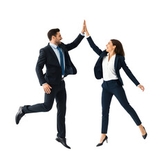 Cheerful business colleagues giving high-five celebrating success isolated on white background