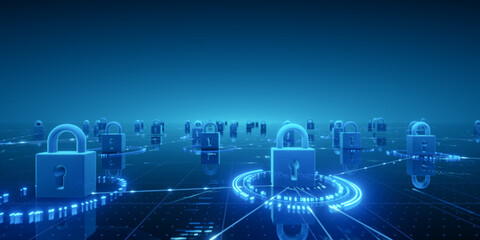 Digital Security Network with Glowing Padlocks Background