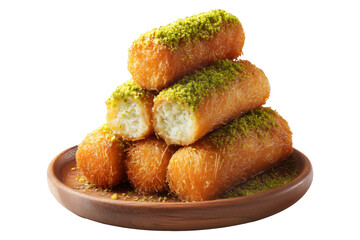 Traditional Middle Eastern Kunafa dessert cubes filled with cream and topped with ground pistachios on wooden plate isolated on white transparent background, concept of traditional sweets