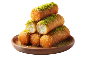 Traditional Middle Eastern Kunafa dessert cubes filled with cream and topped with ground pistachios on wooden plate isolated on white transparent background, concept of traditional sweets