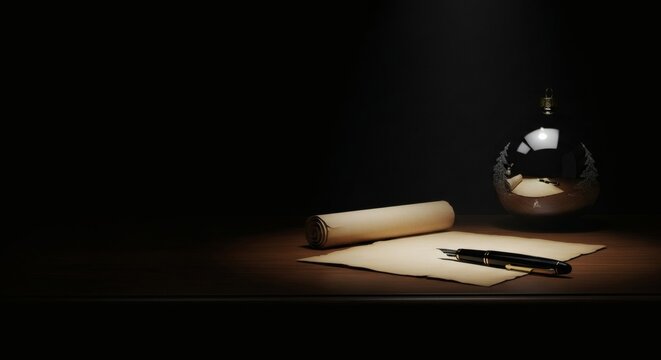 Moody still life of an antique wooden desk with parchment, fountain pen, and a Christmas bauble in soft light, copy space.