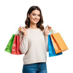 Happy young woman holding colorful shopping bags isolated on white background perfect for retail and consumerism concepts