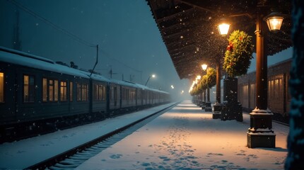 Snowy Train Station Platform at Night