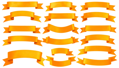 Collection of golden, ribbon-like banners, varying in size, shape, and style